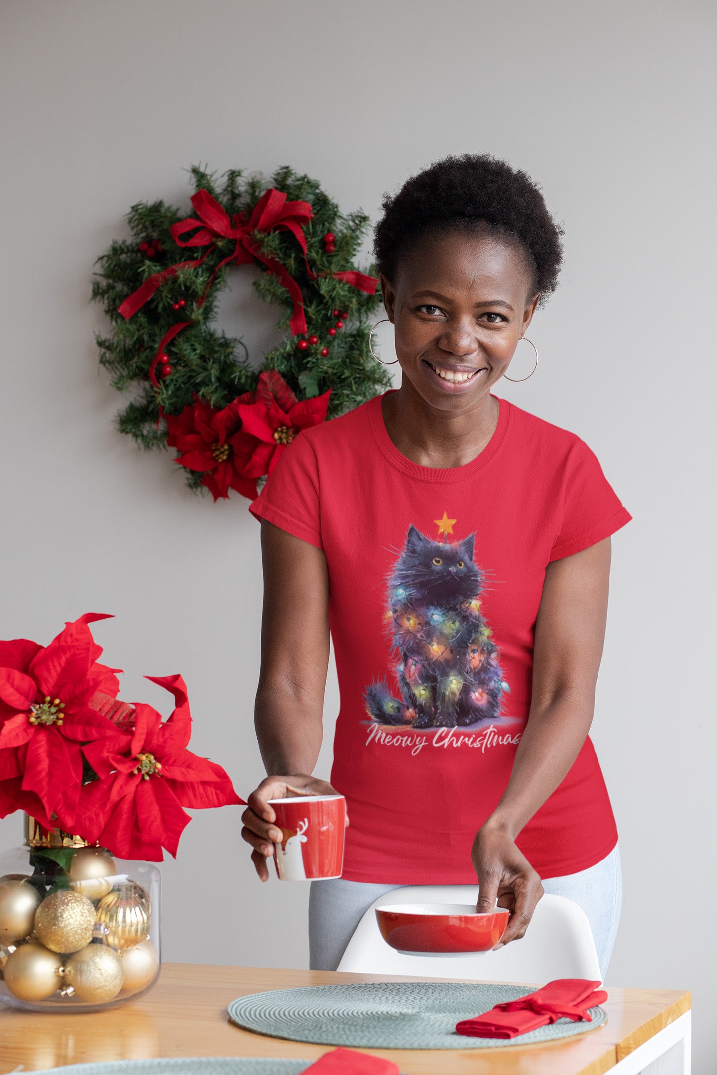Christmas Cat Meowy Christmas - Ladies T-Shirt