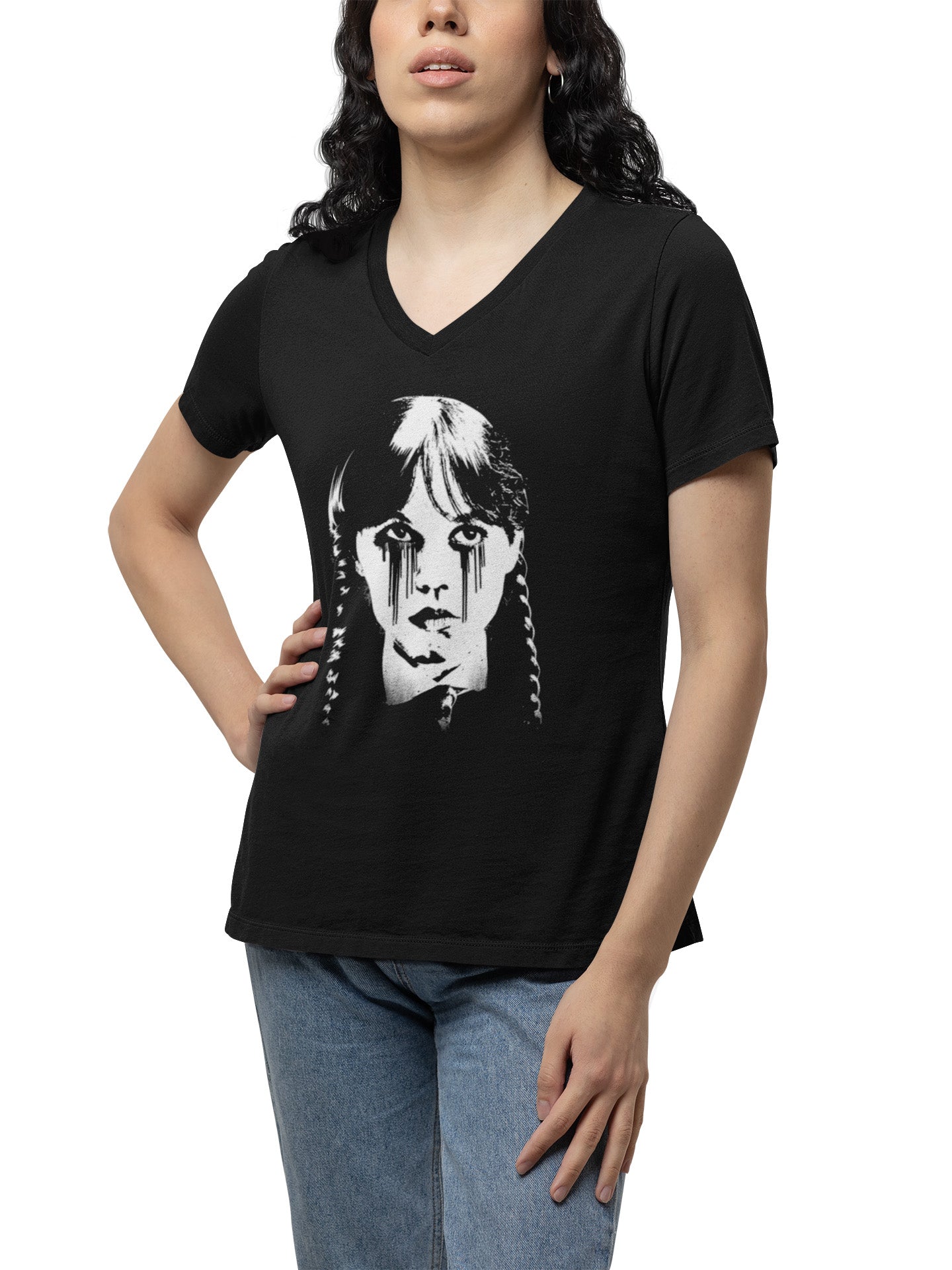 Wednesday Addams Tears - Ladies V-Neck T-Shirt