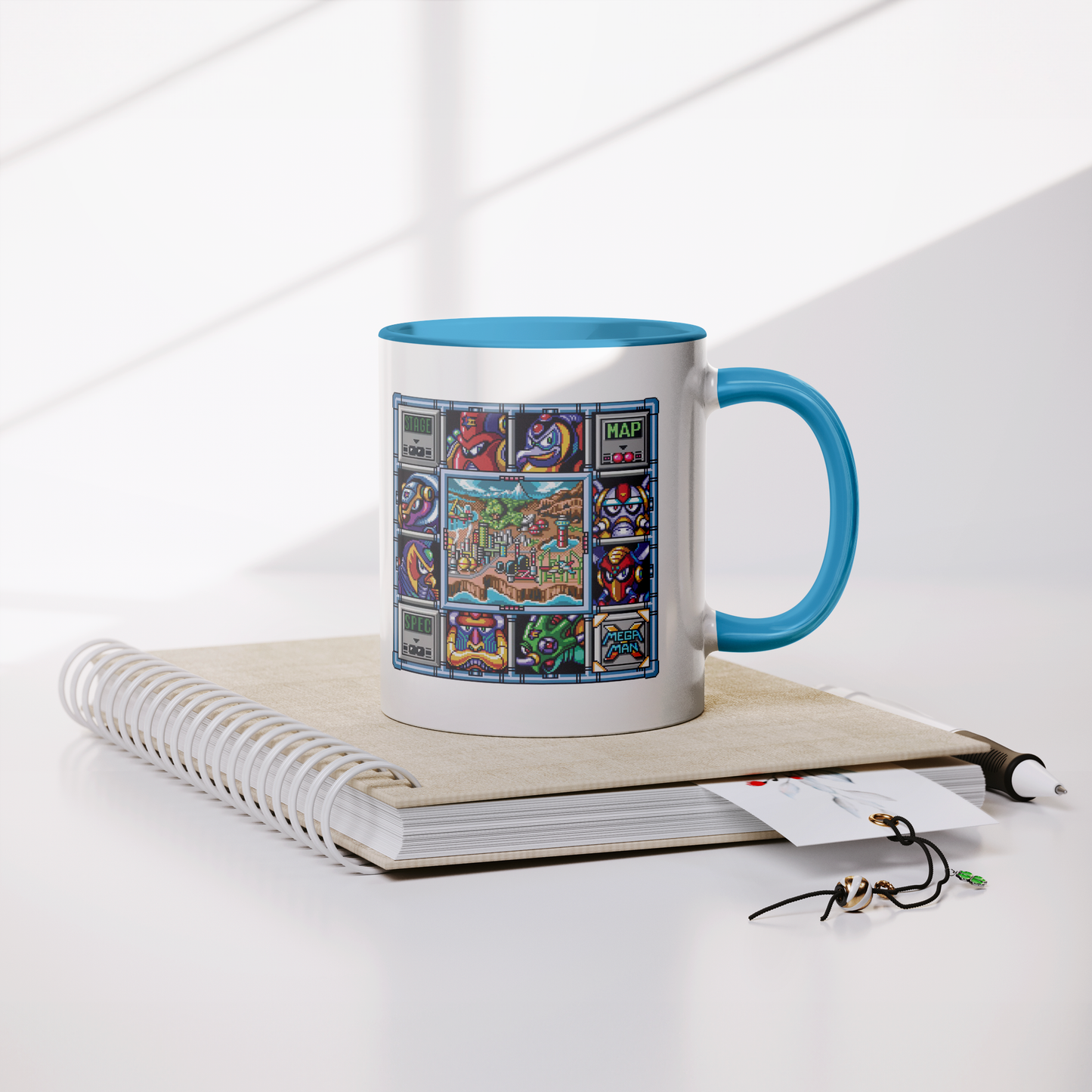 Mega_Man_X_Select_Screen_-_11oz_Mug_blue_Lifestyle_Notebook_Mockup.png