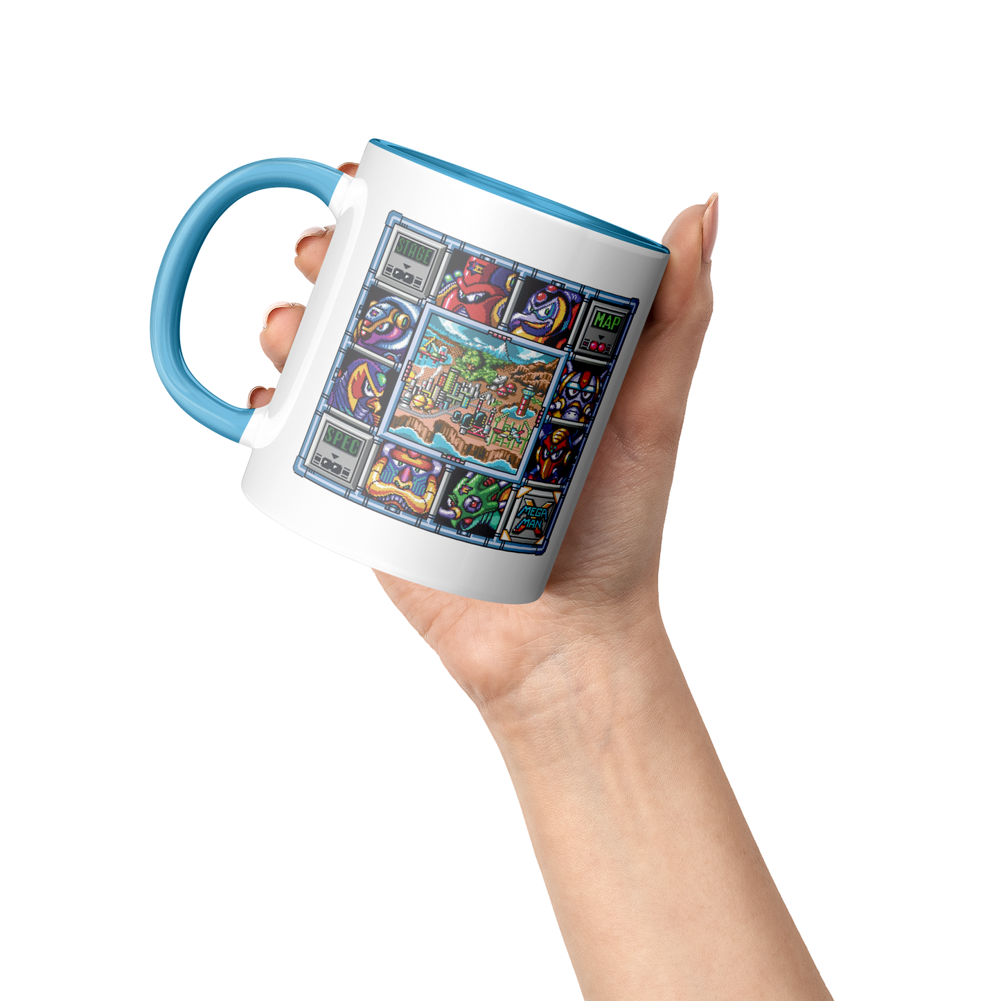 Mega_Man_X_Select_Screen_-_11oz_Mug_blue_Lifestyle_Raised_Hand_LH_Mockup.png