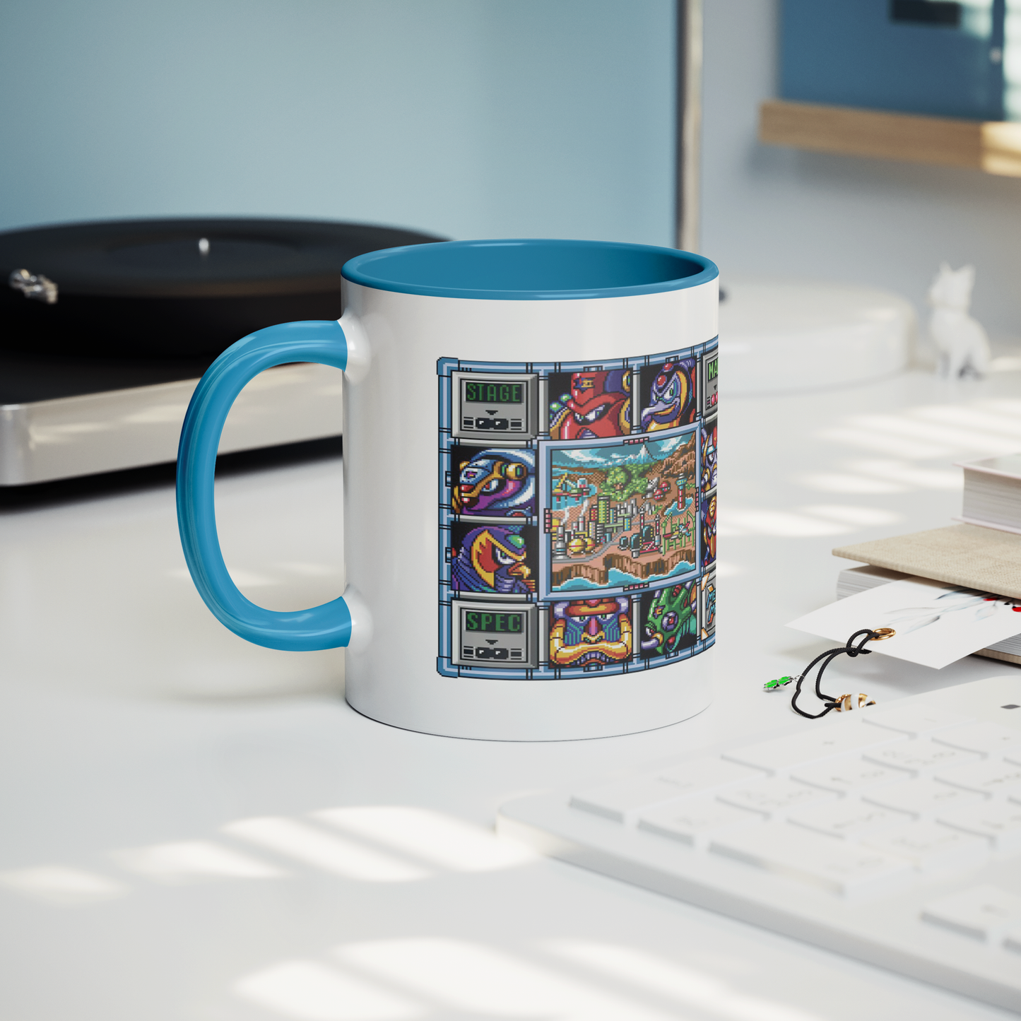 Mega_Man_X_Select_Screen_-_11oz_Mug_blue_Lifestyle_Record_Player_Mockup.png