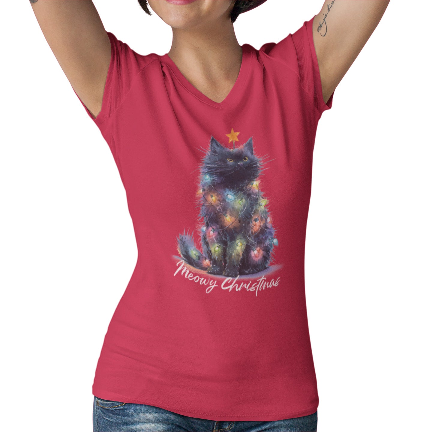 Christmas Cat Meowy Christmas - Ladies V-Neck Tee