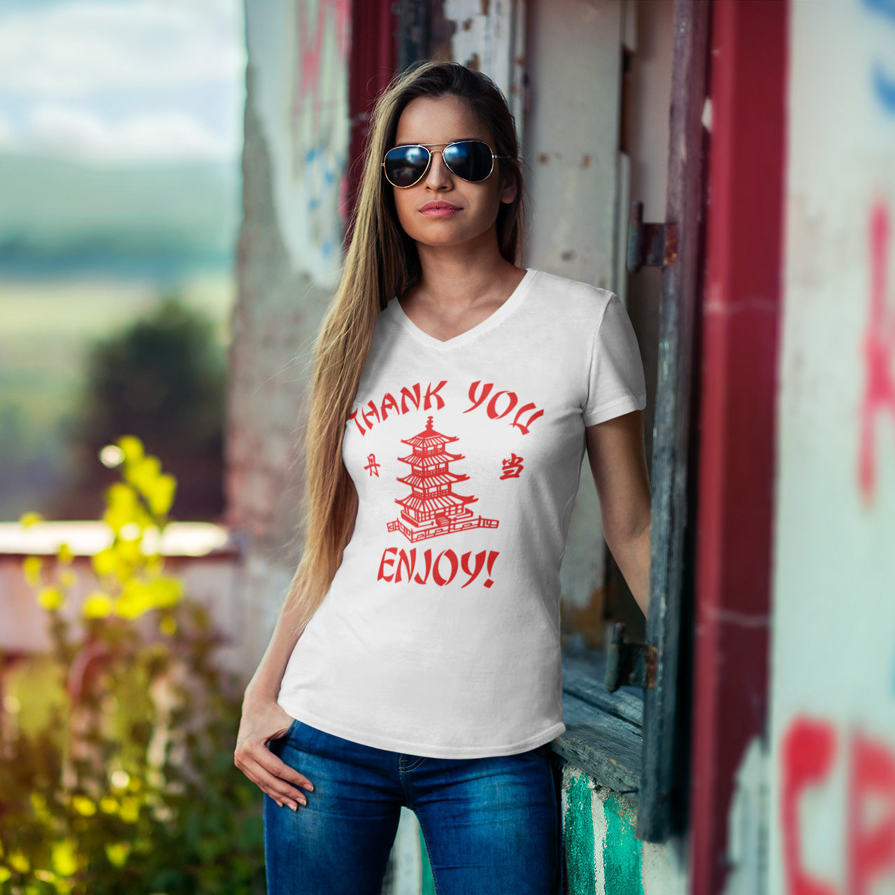 Thank You Enjoy Chinese Takeout - Ladies V-Neck Tee